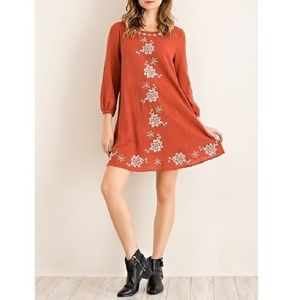 Bohemian Floral Embroidered 3/4 Sleeve Shift Dress